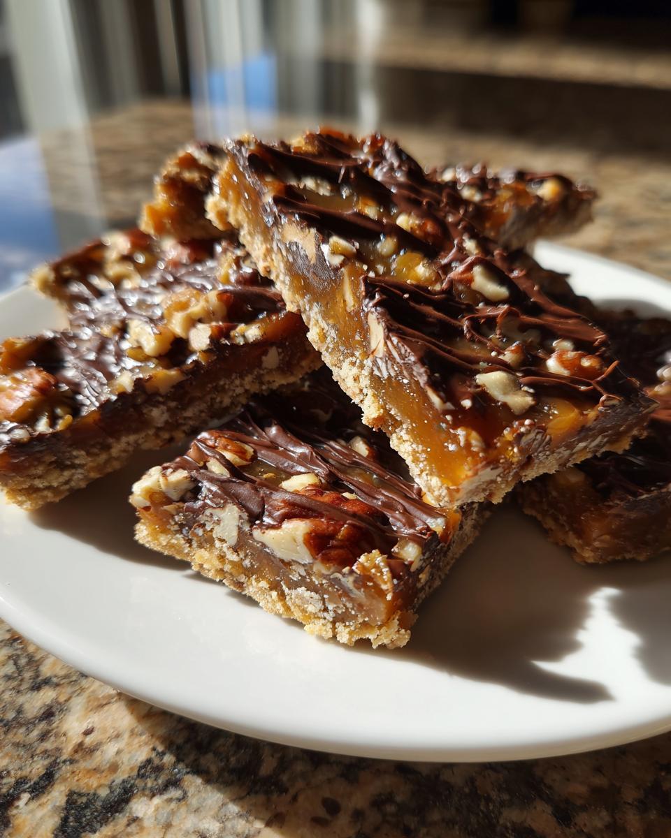 Close-up of stacked pecan pie bark squares featuring a shortbread crust, caramel, pecans, and chocolate drizzle.