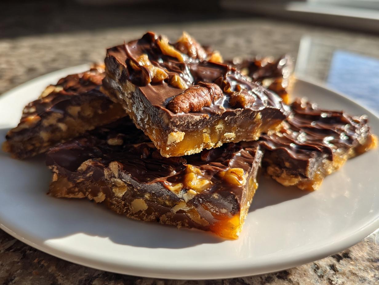 Close-up of several squares of rich pecan pie bark, featuring a caramel base, chocolate topping, and whole pecans.