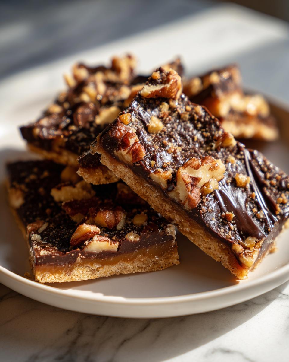 Close-up of stacked squares of pecan pie bark featuring a shortbread crust, caramel layer, and chocolate topping with chopped pecans.