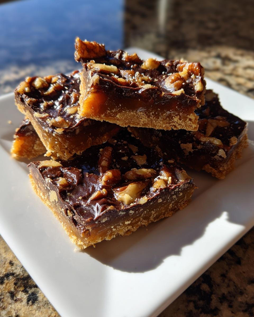 A stack of rich pecan pie bark squares featuring a shortbread crust, caramel, and chocolate topping with pecans.