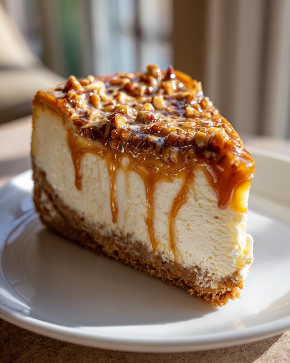 A close-up of a rich slice of pecan pie cheesecake topped with gooey caramel and chopped pecans.