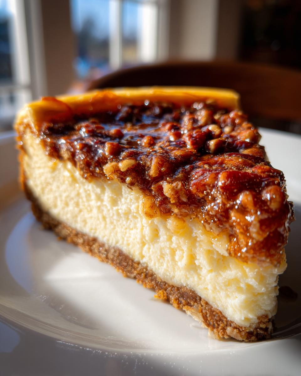 A close-up shot of a perfect slice of pecan pie cheesecake on a white plate, showing the creamy filling and pecan topping.