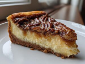 A close-up of a rich slice of pecan pie cheesecake showing the creamy filling, graham cracker crust, and glossy pecan topping.