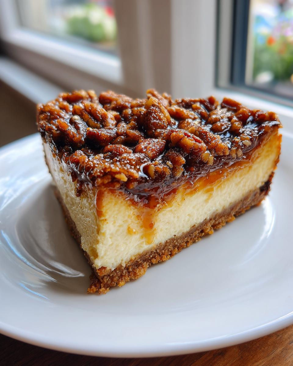 A perfect slice of pecan pie cheesecake featuring a graham cracker crust, creamy filling, and a generous topping of glazed pecans.