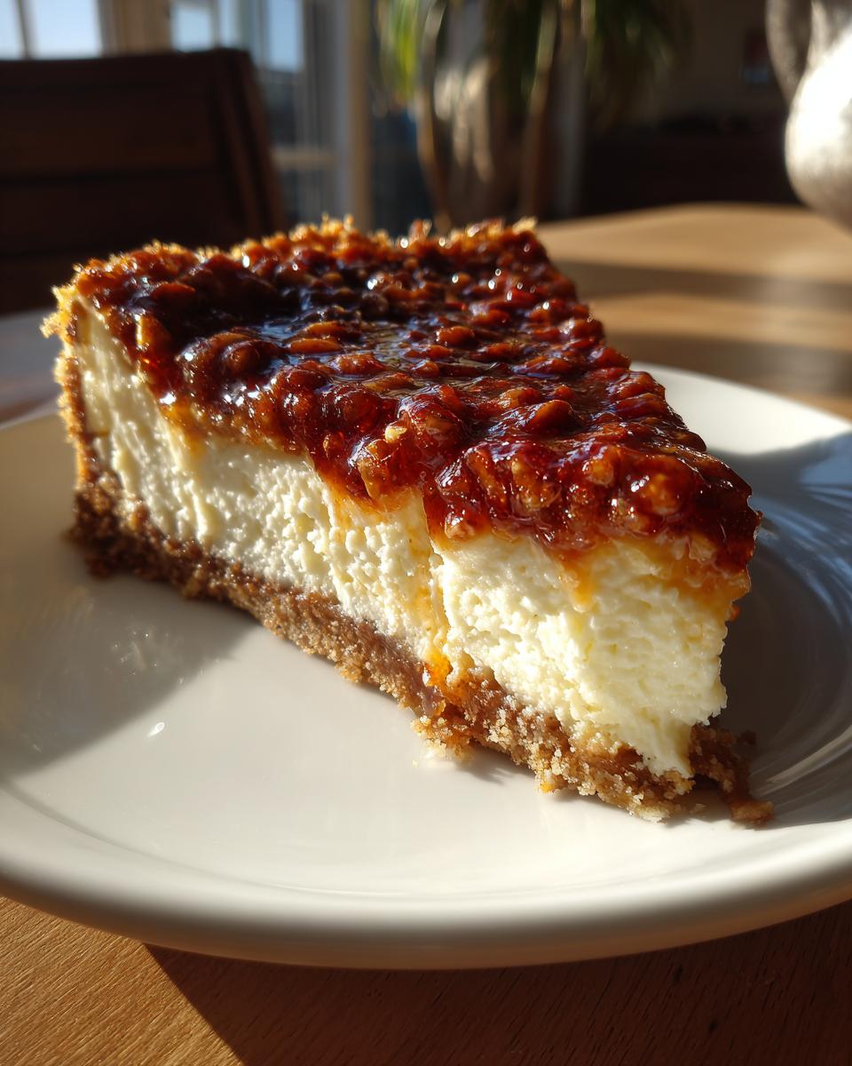 A close-up shot of a decadent slice of pecan pie cheesecake with a glossy, nutty topping on a white plate.