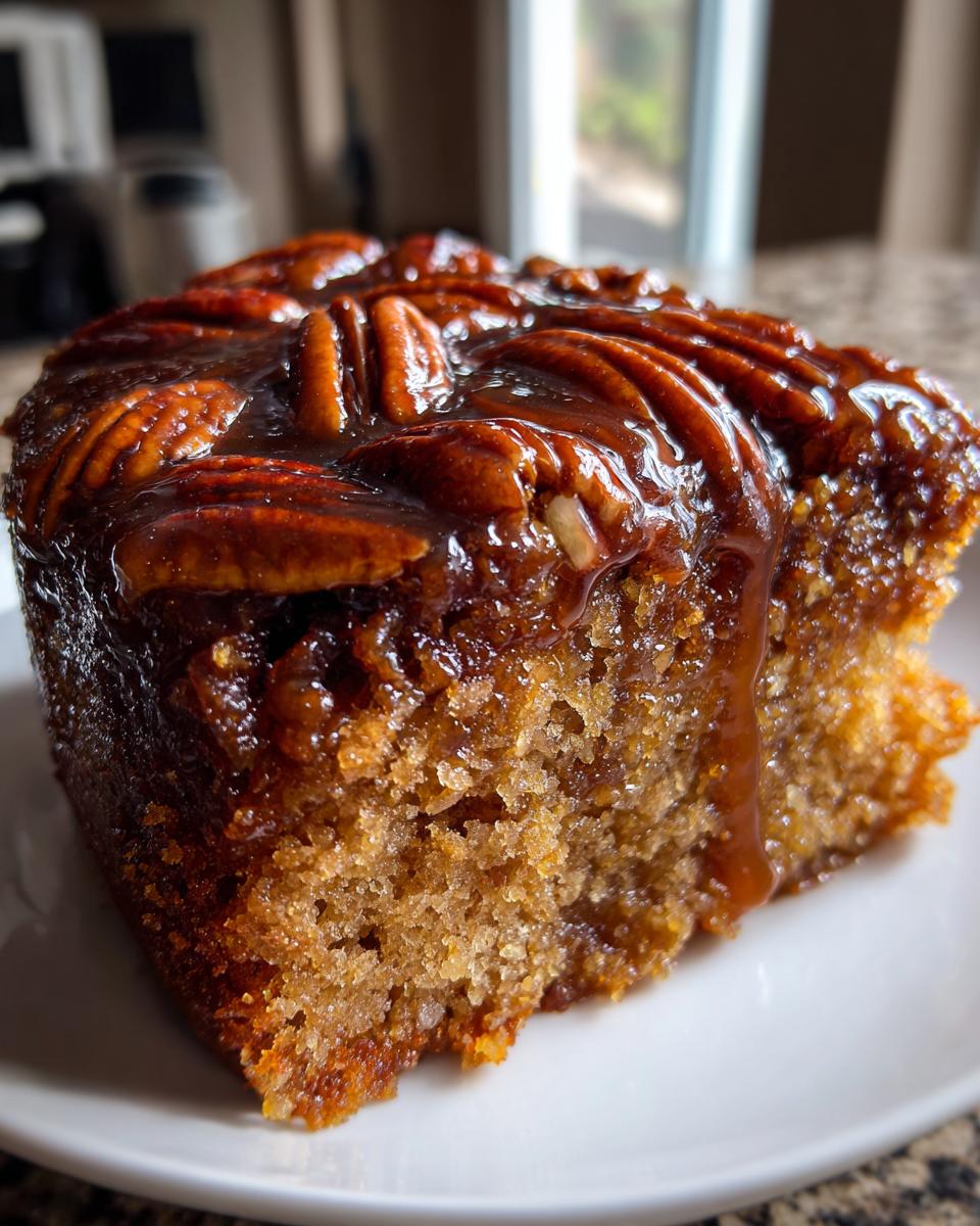 Close-up of a moist slice of pecan upside down cake topped with glossy caramel and whole pecans.