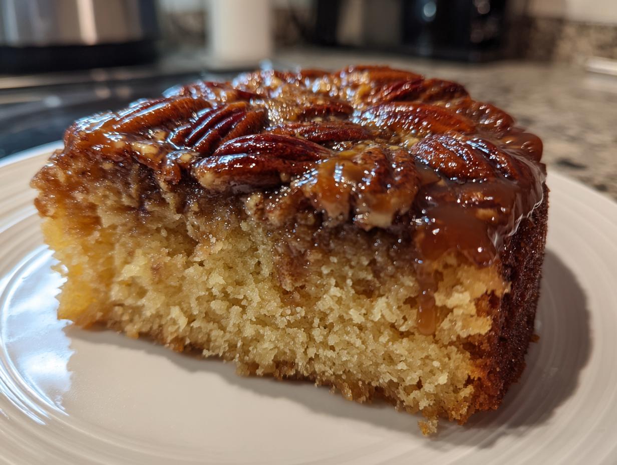 Close-up of a moist slice of pecan upside down cake showing the golden crumb and sticky caramel pecan topping.