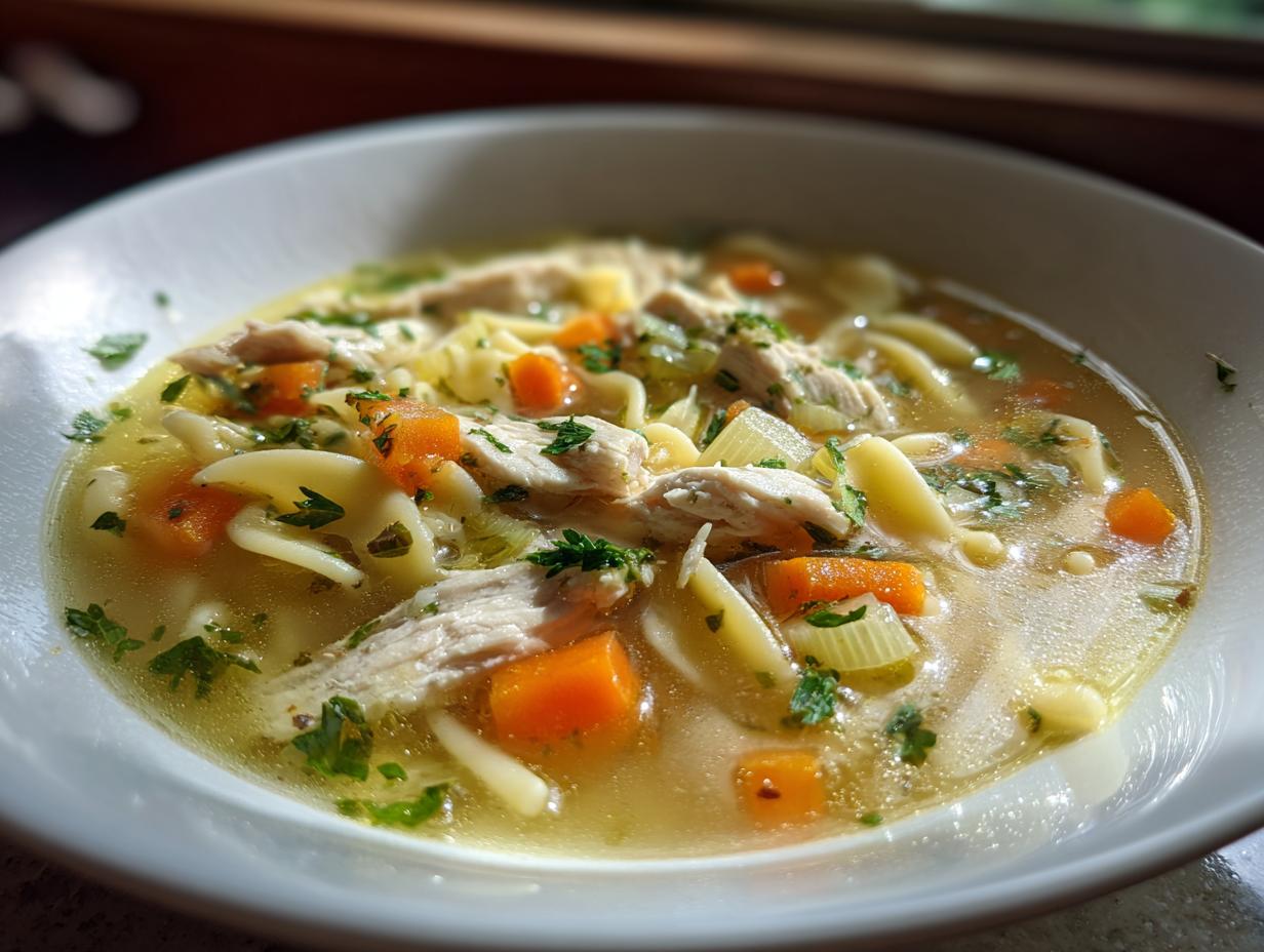 A close-up shot of a white bowl filled with rich, golden penicillin soup featuring shredded chicken, egg noodles, carrots, and celery.