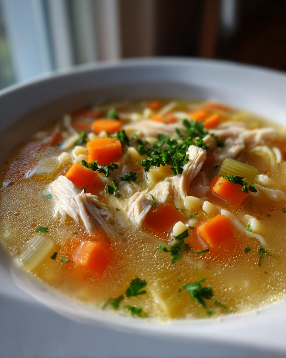 A close-up, bright photo of penicillin soup featuring shredded chicken, diced carrots, noodles, and fresh parsley garnish.