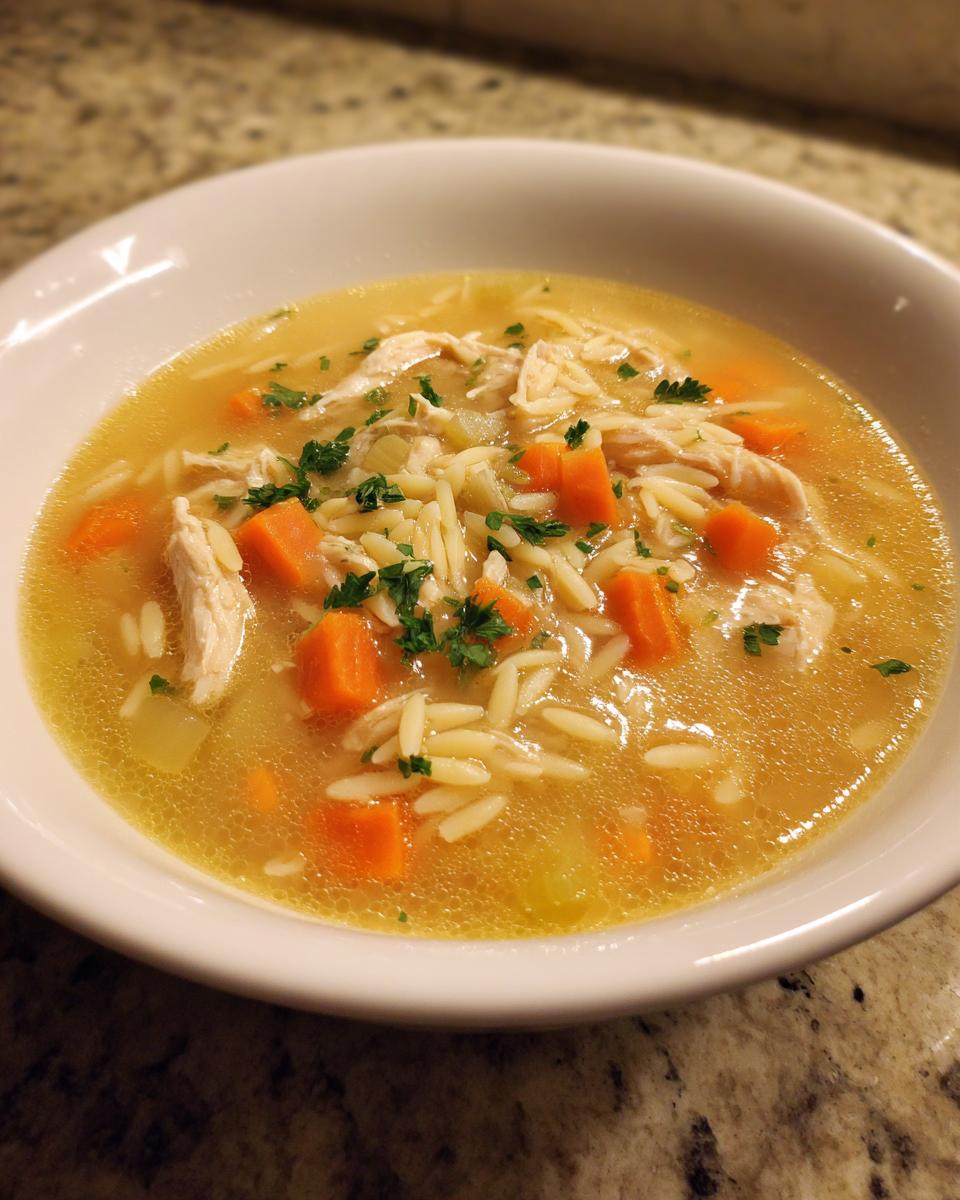 Close-up of a white bowl filled with warm penicillin soup featuring shredded chicken, orzo pasta, and diced carrots, garnished with parsley.