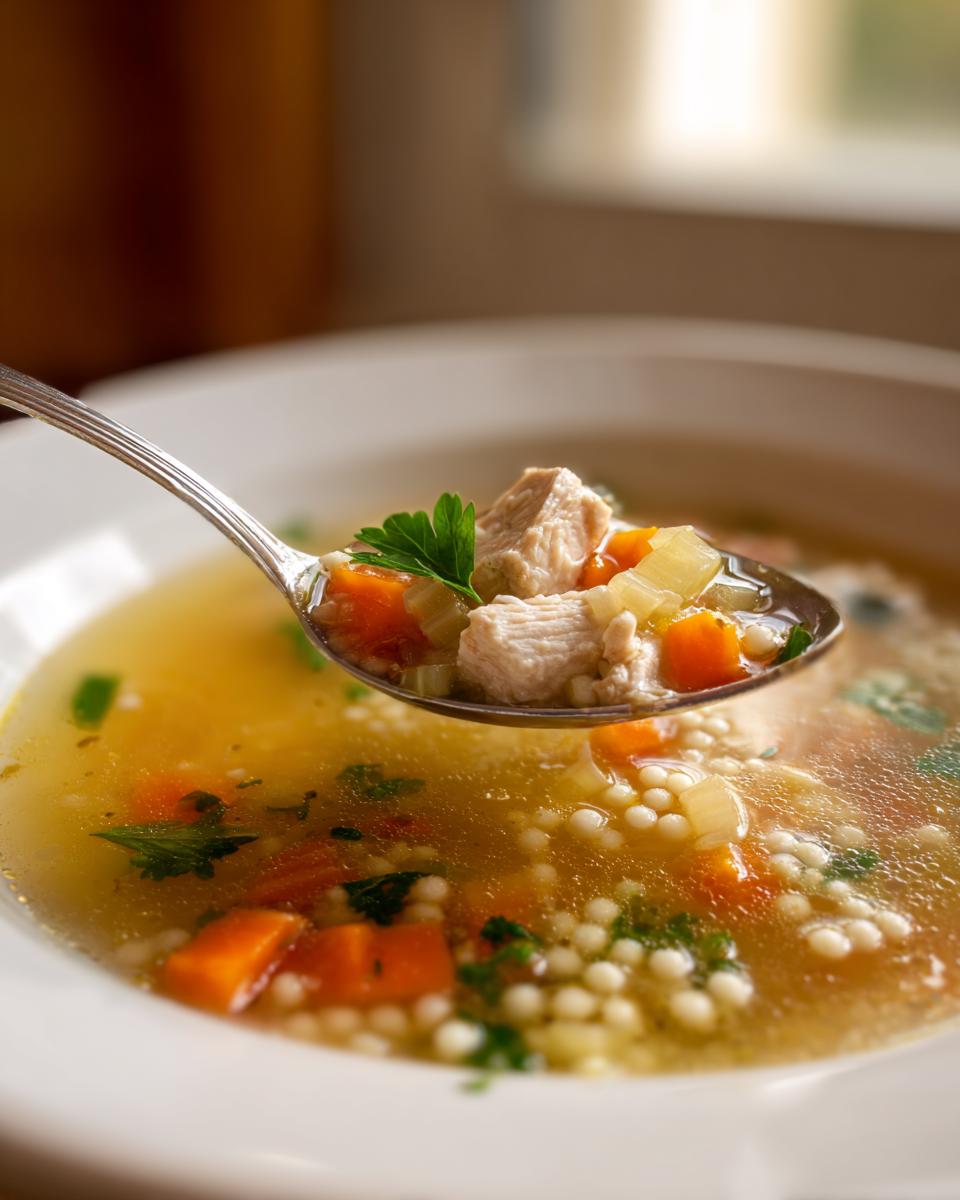 A spoonful lifted from a bowl of penicillin soup, showing chunks of chicken, carrots, and small pasta pearls.