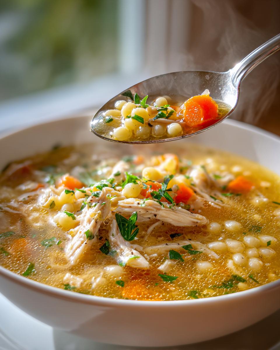 A spoonful of hot penicillin soup showing small pasta pearls, shredded chicken, and carrots being lifted from a white bowl.