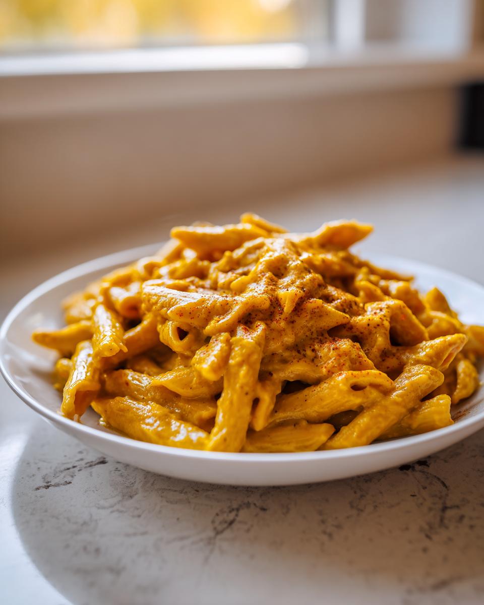 A white bowl filled with penne pasta coated in a thick, vibrant orange butternut squash pasta sauce, lightly dusted with spice.