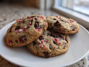 Three freshly baked peppermint chocolate chip cookies piled on a white plate near a window.