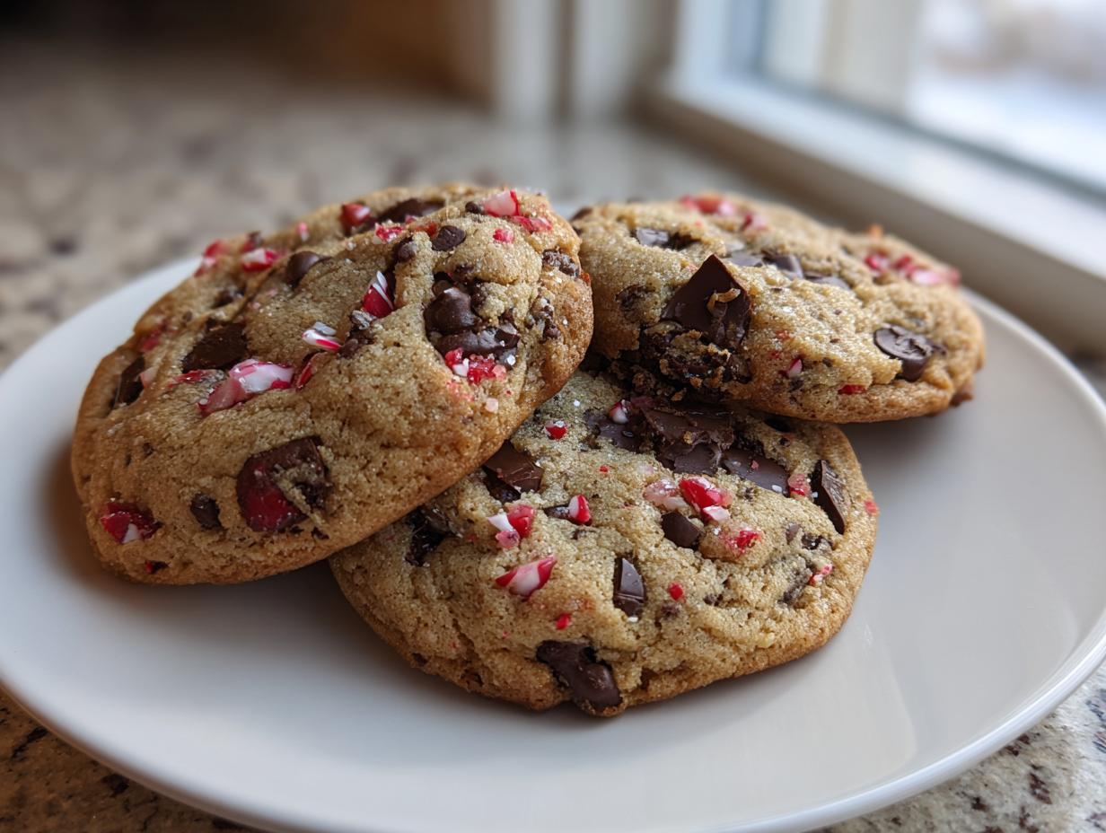 Three freshly baked peppermint chocolate chip cookies piled on a white plate near a window.