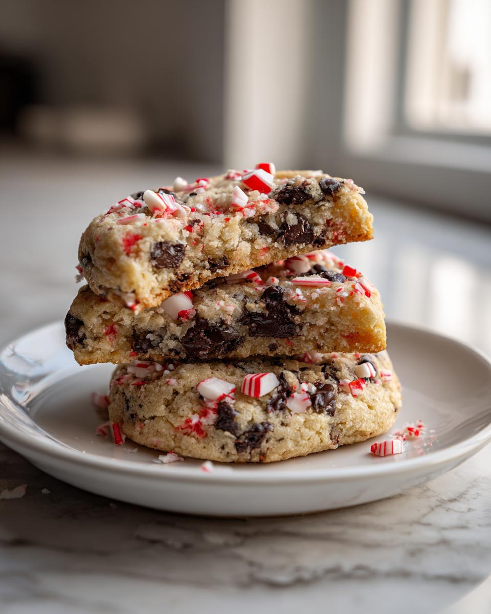 A stack of three soft peppermint chocolate chip cookies, with the top one broken to show the gooey interior and chocolate chunks.