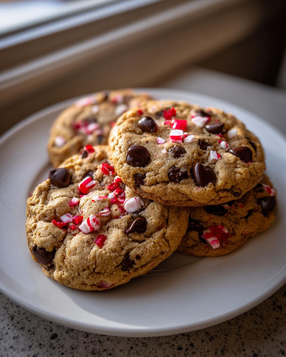 A stack of four soft peppermint chocolate chip cookies topped with chocolate chips and crushed candy canes on a white plate.