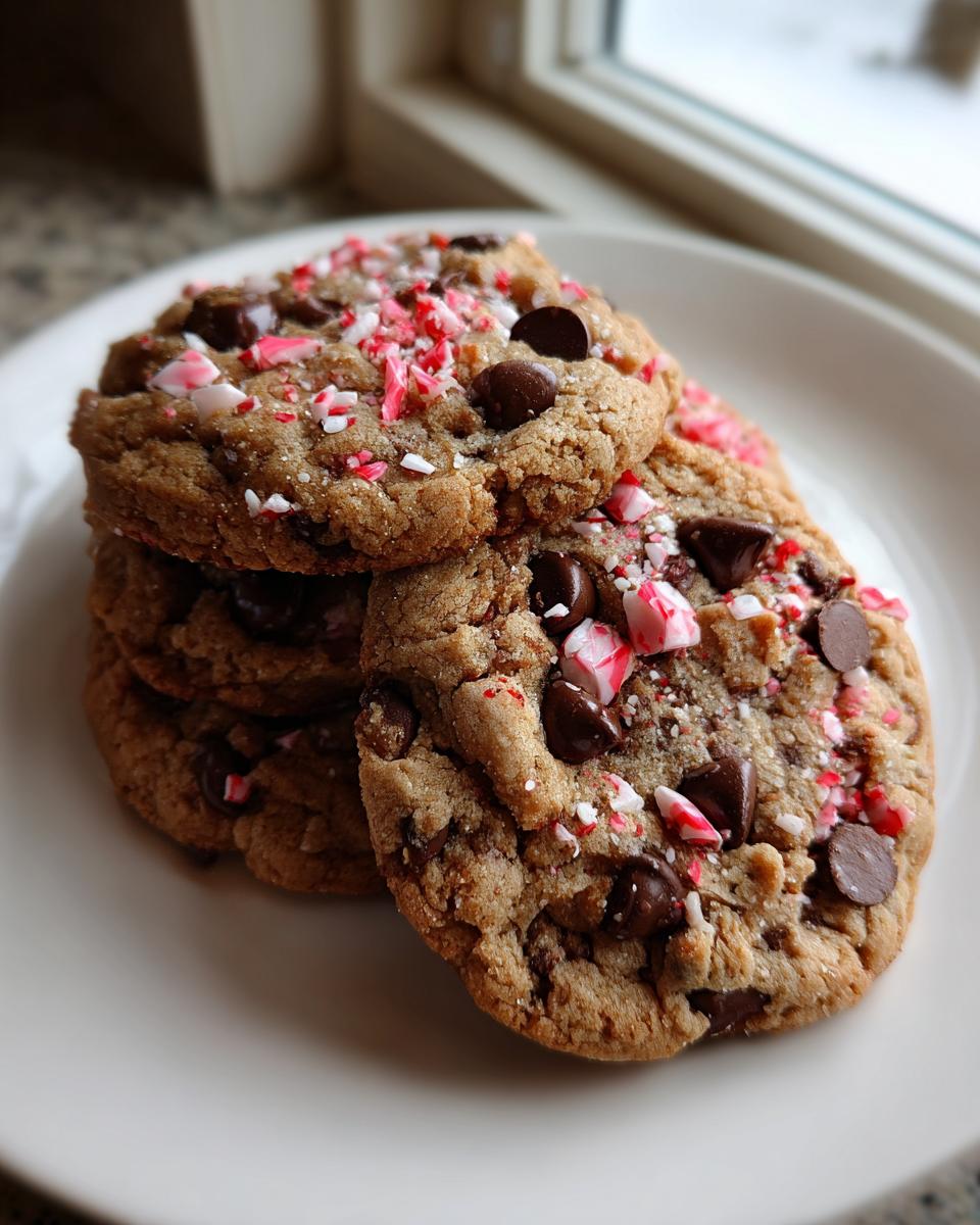A stack of three homemade peppermint chocolate chip cookies topped with chocolate chips and crushed candy canes.