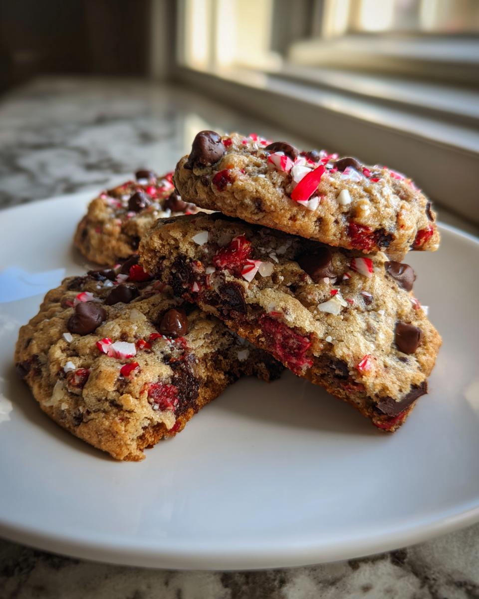 A stack of three soft peppermint chocolate chip cookies topped with chocolate chips and crushed candy cane pieces.