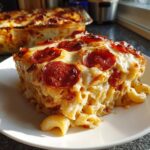 A hearty slice of baked pizza pasta topped with melted cheese and crispy pepperoni slices.