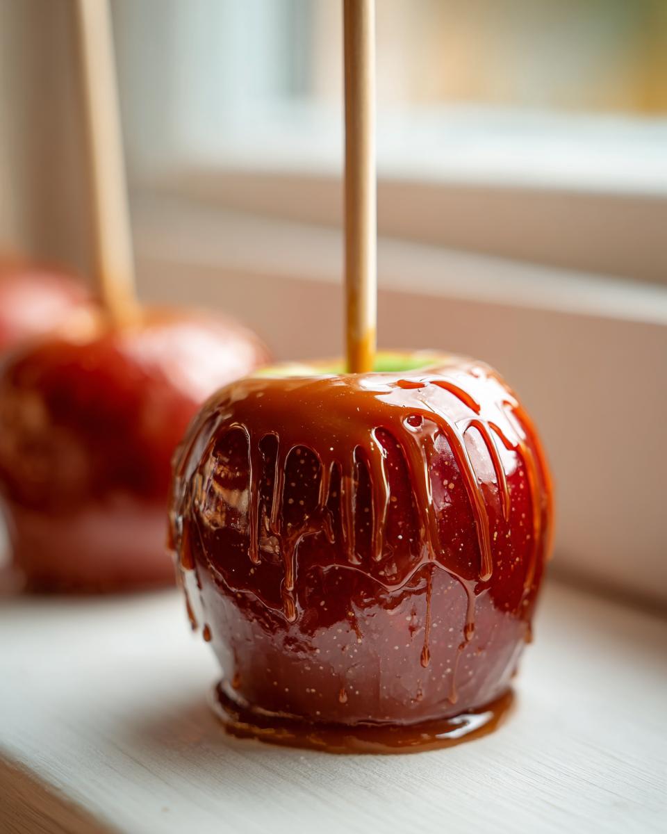 Close-up of a glossy, deep red caramel apples treat with thick caramel dripping down the sides.