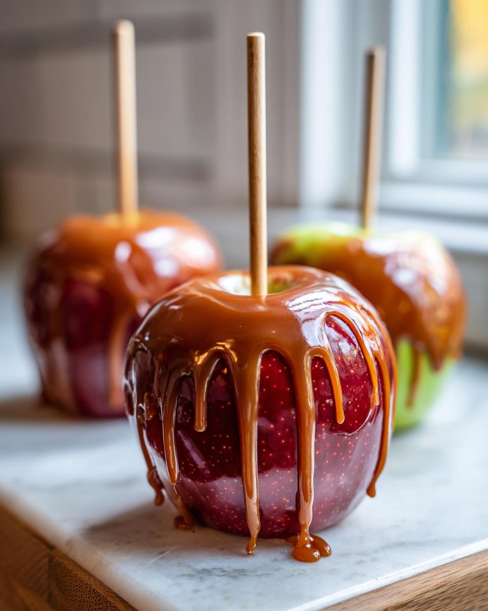 Close-up of a glossy red caramel apple with thick, dripping caramel sauce, ready to eat.