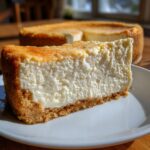A close-up of a perfect slice of creamy cheesecake recipe with a thick graham cracker crust, served on a white plate.