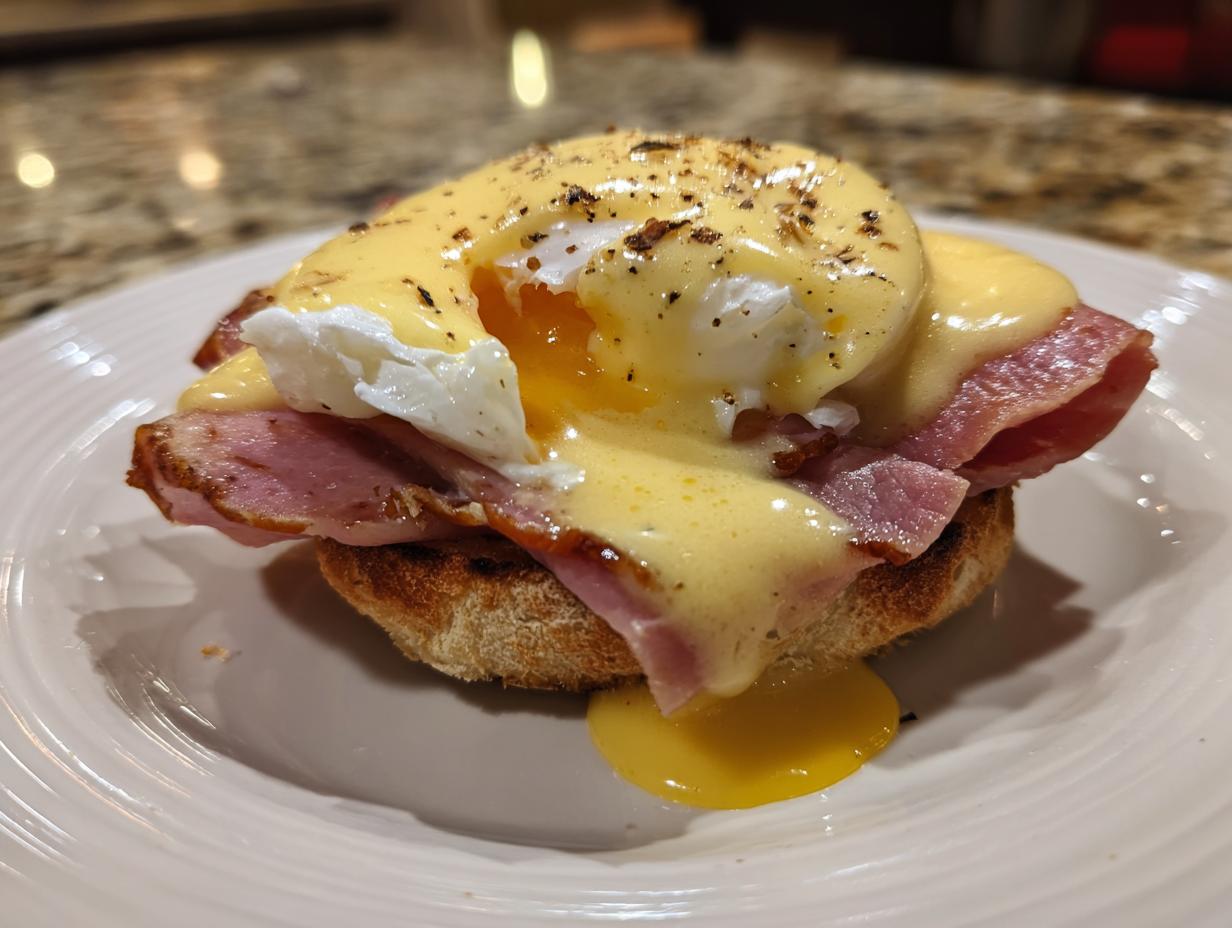 Close-up of a delicious eggs benedict featuring a poached egg with a runny yolk, ham, and hollandaise sauce on an English muffin.
