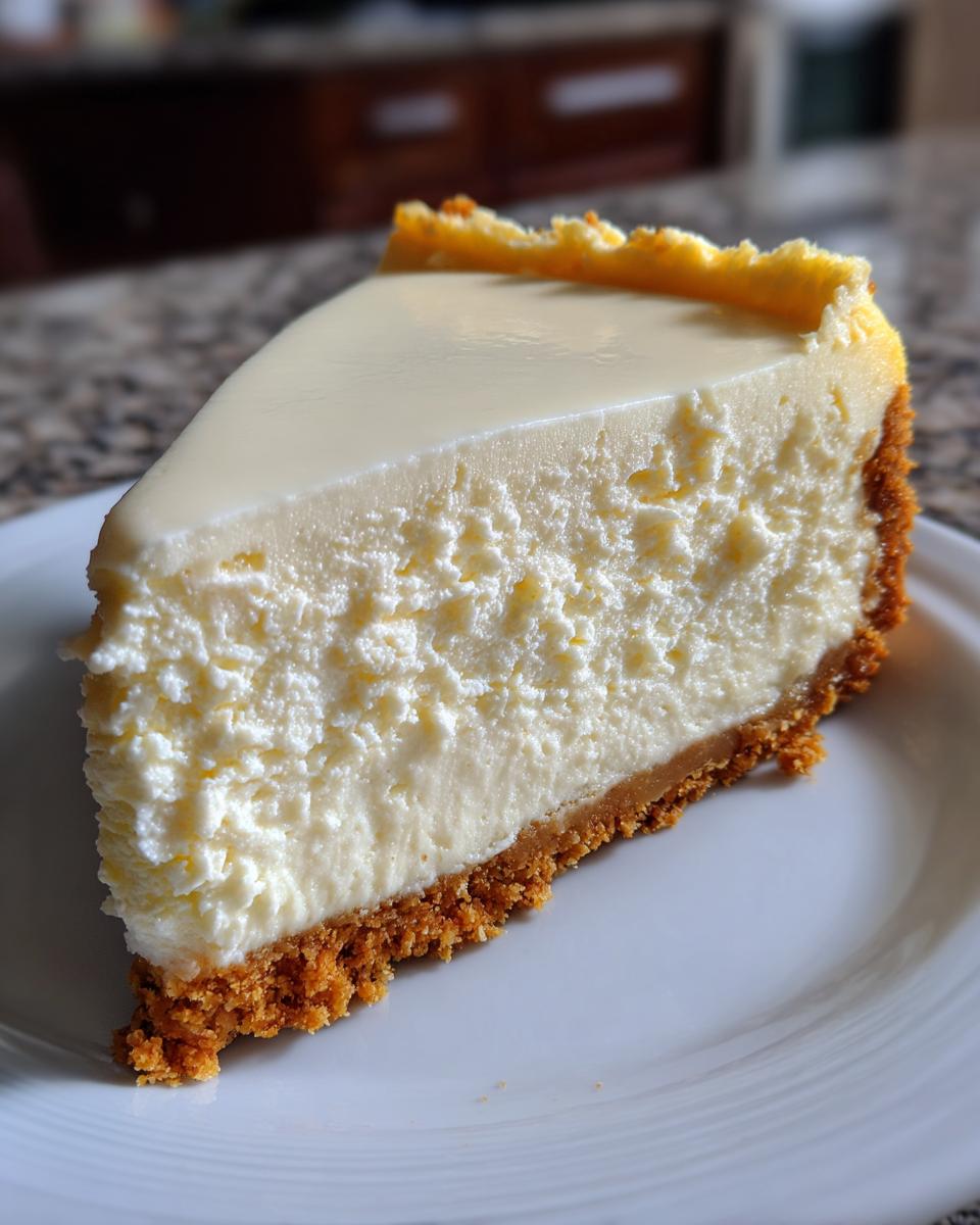 A perfect slice of creamy cheesecake recipe with a thick graham cracker crust on a white plate.