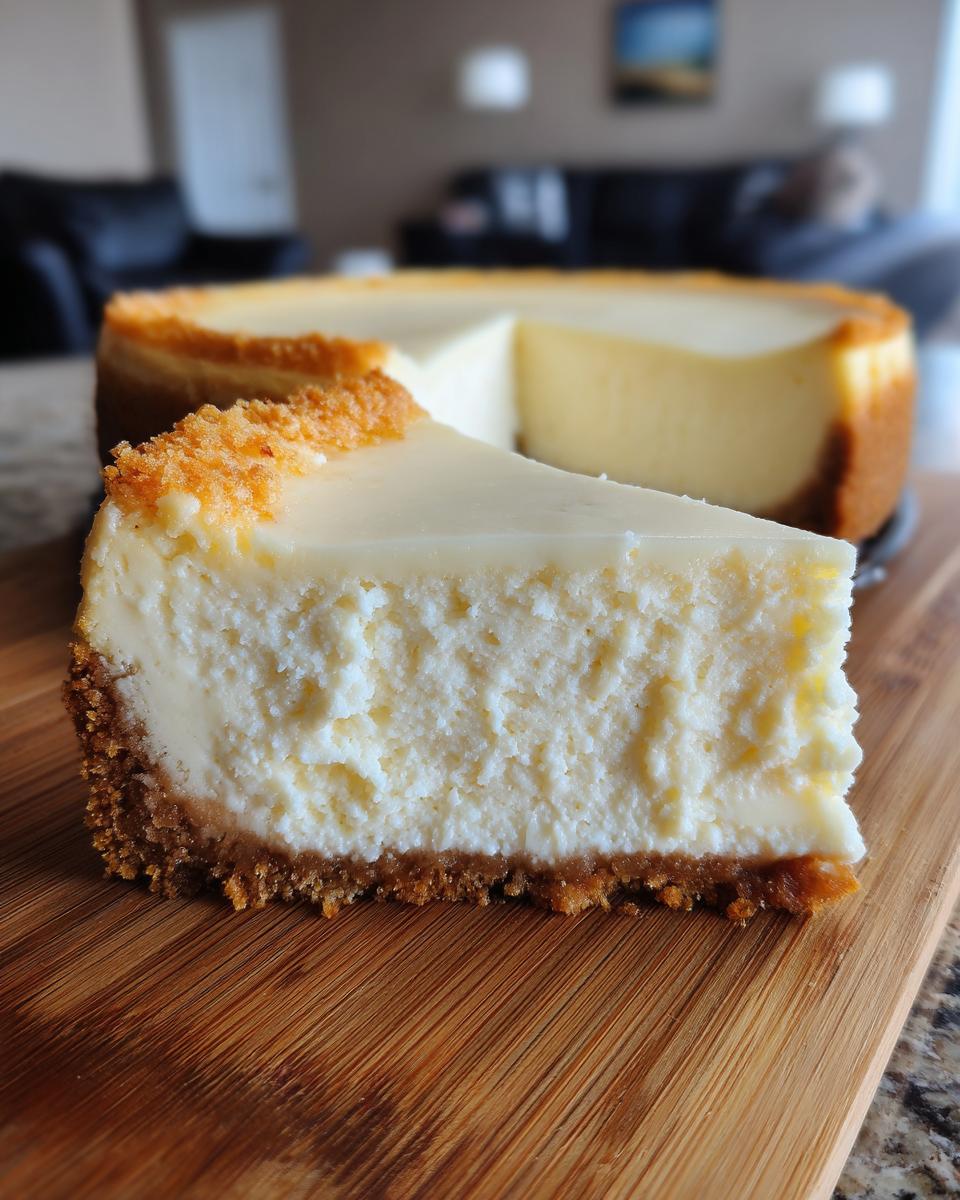 Close-up of a thick slice of creamy cheesecake with a graham cracker crust, part of the whole cheesecake recipe visible behind it.
