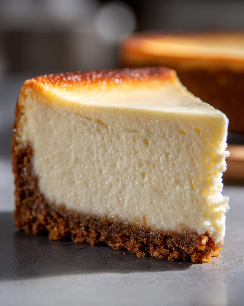 Close-up of a perfect slice of creamy cheesecake recipe showing a thick graham cracker crust.