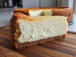A thick, creamy slice of baked cheesecake recipe with a golden brown top and graham cracker crust.