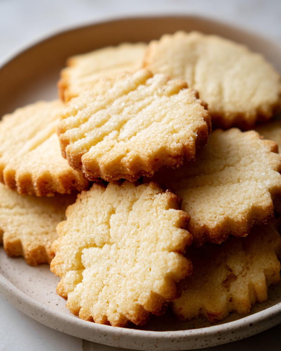 Close-up of several golden brown, scalloped-edge sugar cookie rounds stacked on a speckled ceramic plate.