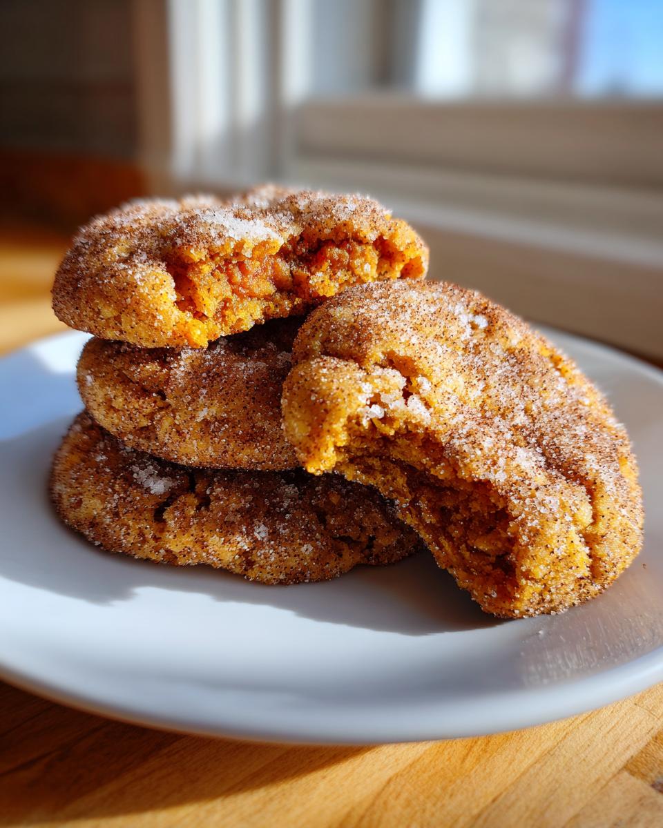 A stack of four soft, orange-colored persimmon cookies coated in cinnamon sugar, with one cookie broken open.