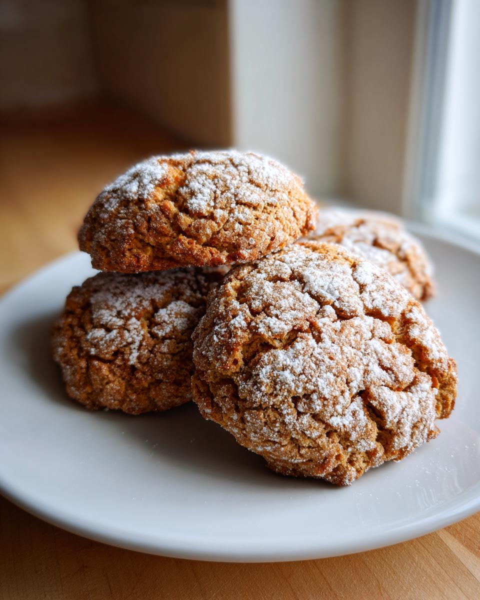 A stack of four soft, cracked persimmon cookies dusted generously with white powdered sugar on a white plate.