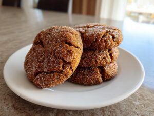 A stack of four chewy, crinkled persimmon cookies generously coated in sparkling sugar crystals.