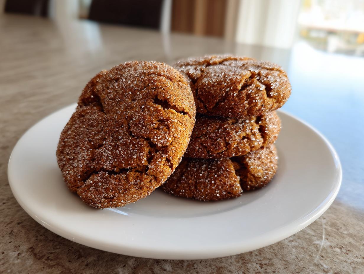 A stack of four chewy, crinkled persimmon cookies generously coated in sparkling sugar crystals.