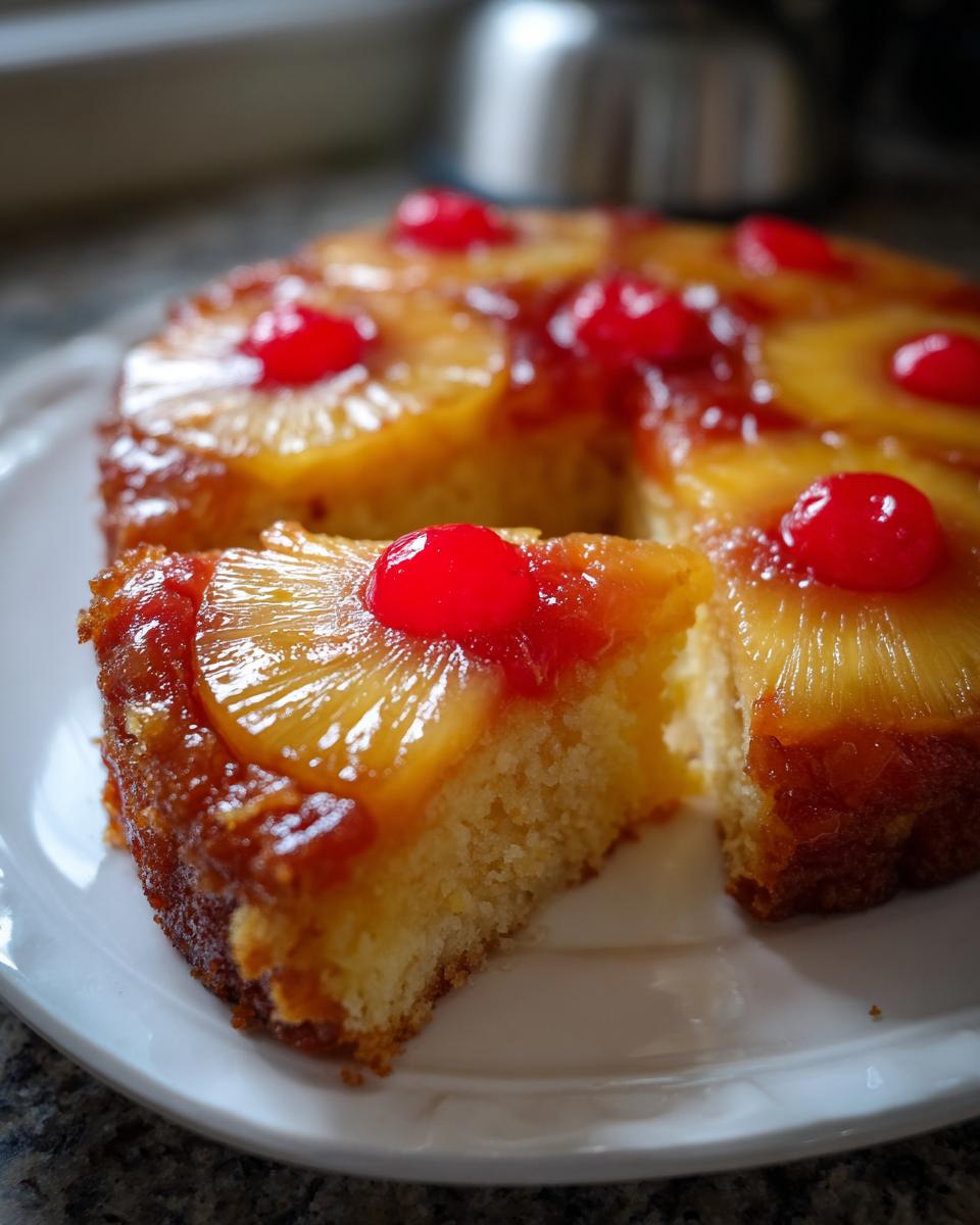 A slice of moist pineapple upside down cake topped with caramelized pineapple rings and bright red cherries.