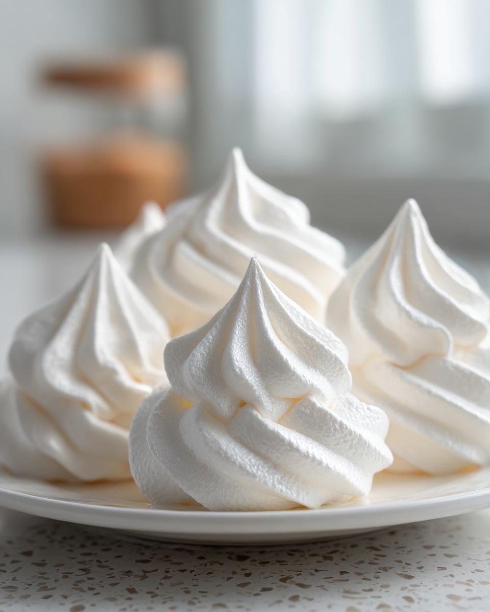 Close-up of several perfectly piped, white meringue cookies with sharp peaks resting on a white plate.