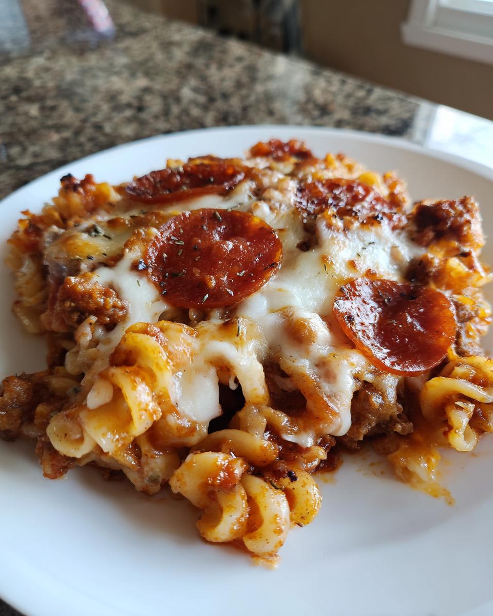 Close-up of a serving of pizza pasta bake on a white plate, featuring melted cheese and pepperoni slices.