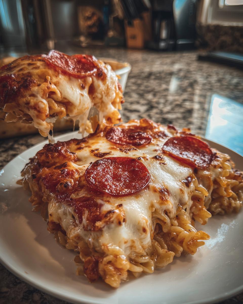 A serving of baked pizza pasta topped with melted cheese and pepperoni being lifted from a dish.
