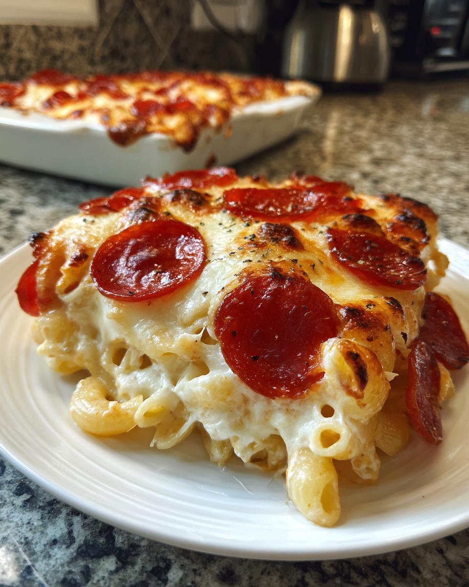 A close-up serving of baked pizza pasta casserole with melted cheese and pepperoni slices.