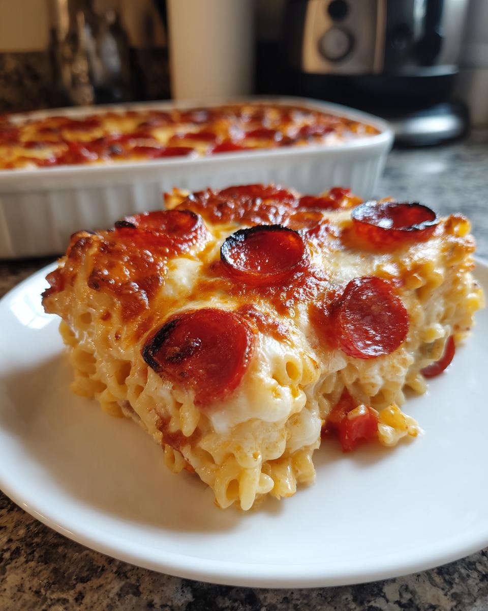 A square slice of baked pizza pasta casserole topped with melted cheese and crispy pepperoni slices.