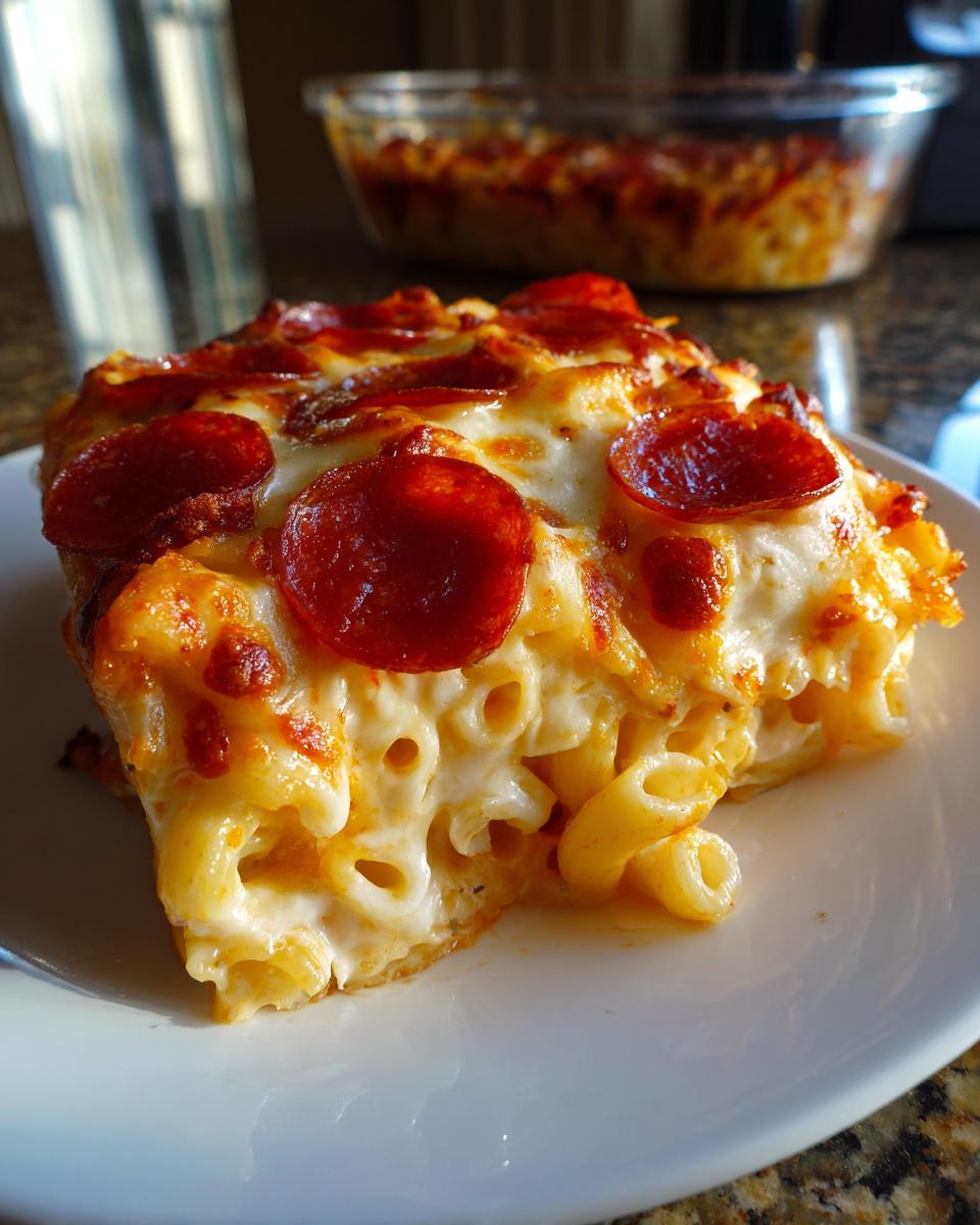 A close-up slice of baked pizza pasta casserole topped with melted cheese and pepperoni slices.
