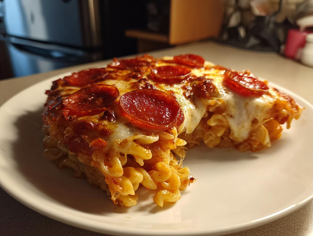 A close-up slice of baked pizza pasta topped with melted cheese and pepperoni slices on a white plate.