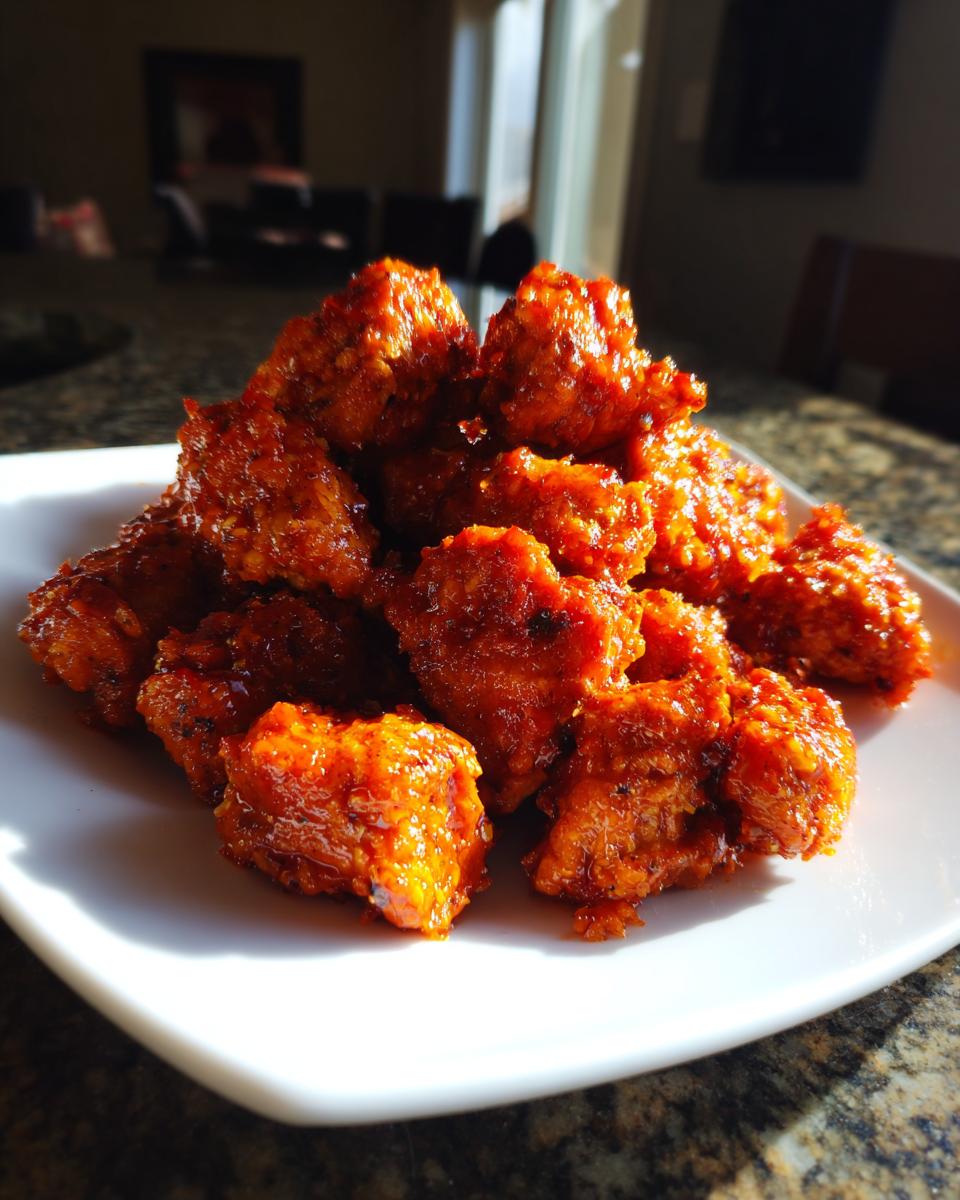 A pile of crispy, saucy bang bang chicken pieces glistening on a white square plate.