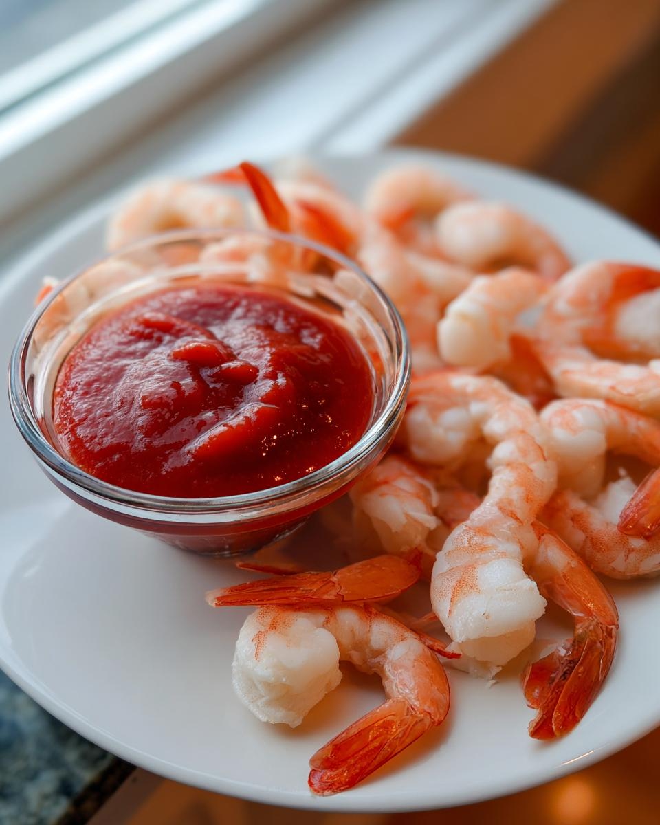 A close-up of plump, cooked shrimp arranged around a small glass bowl of bright red cocktail sauce for shrimp cocktail.