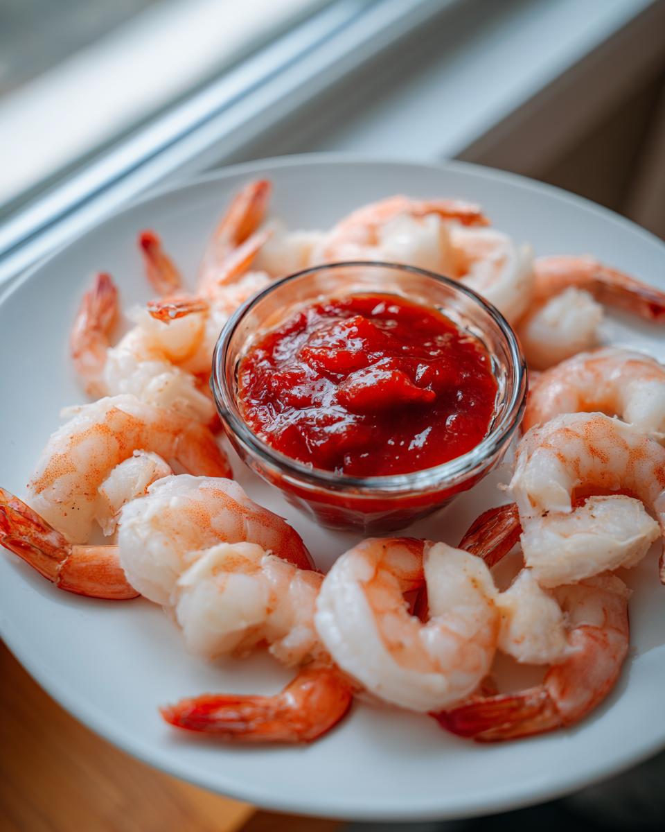 Plump cooked shrimp arranged around a small glass bowl of red cocktail sauce for an amazing shrimp cocktail.