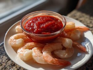 A plate featuring plump, cooked shrimp arranged around a small glass bowl of bright red shrimp cocktail sauce.