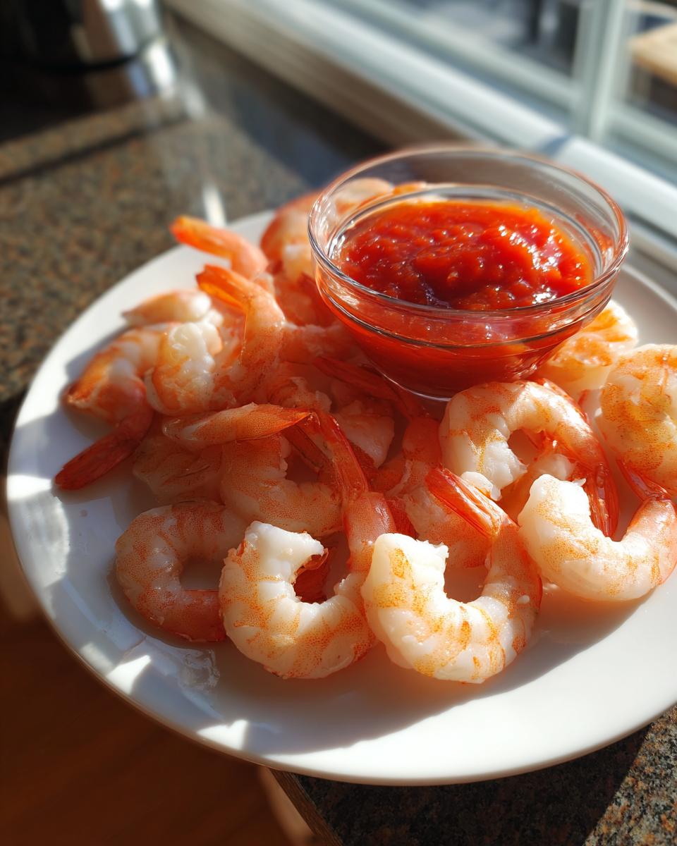Plump, cooked shrimp arranged around a small glass bowl of bright red cocktail sauce for a classic shrimp cocktail presentation.